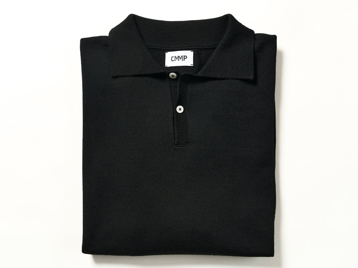 Lightweight Wool Long Sleeve Polo - Black
