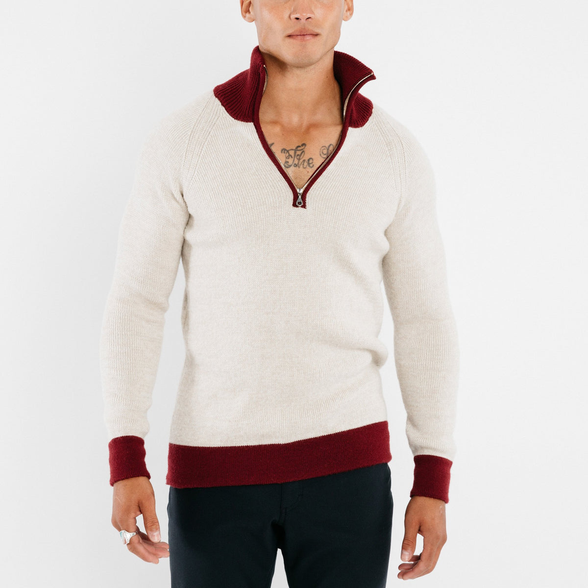 1/4-Zip 3-Ply Sweater - Oatmeal / Dark Red knitwear Commonwealth Proper